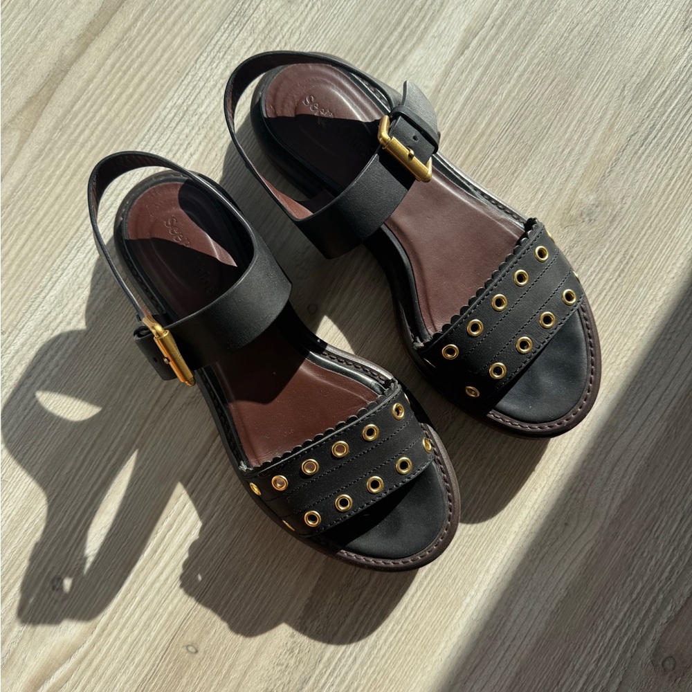 Chloe Black Leather Sandals with Gold Accents